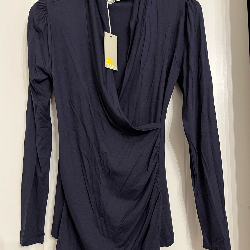 Boden Navy Draped Long-Sleeve Wrap Blouse